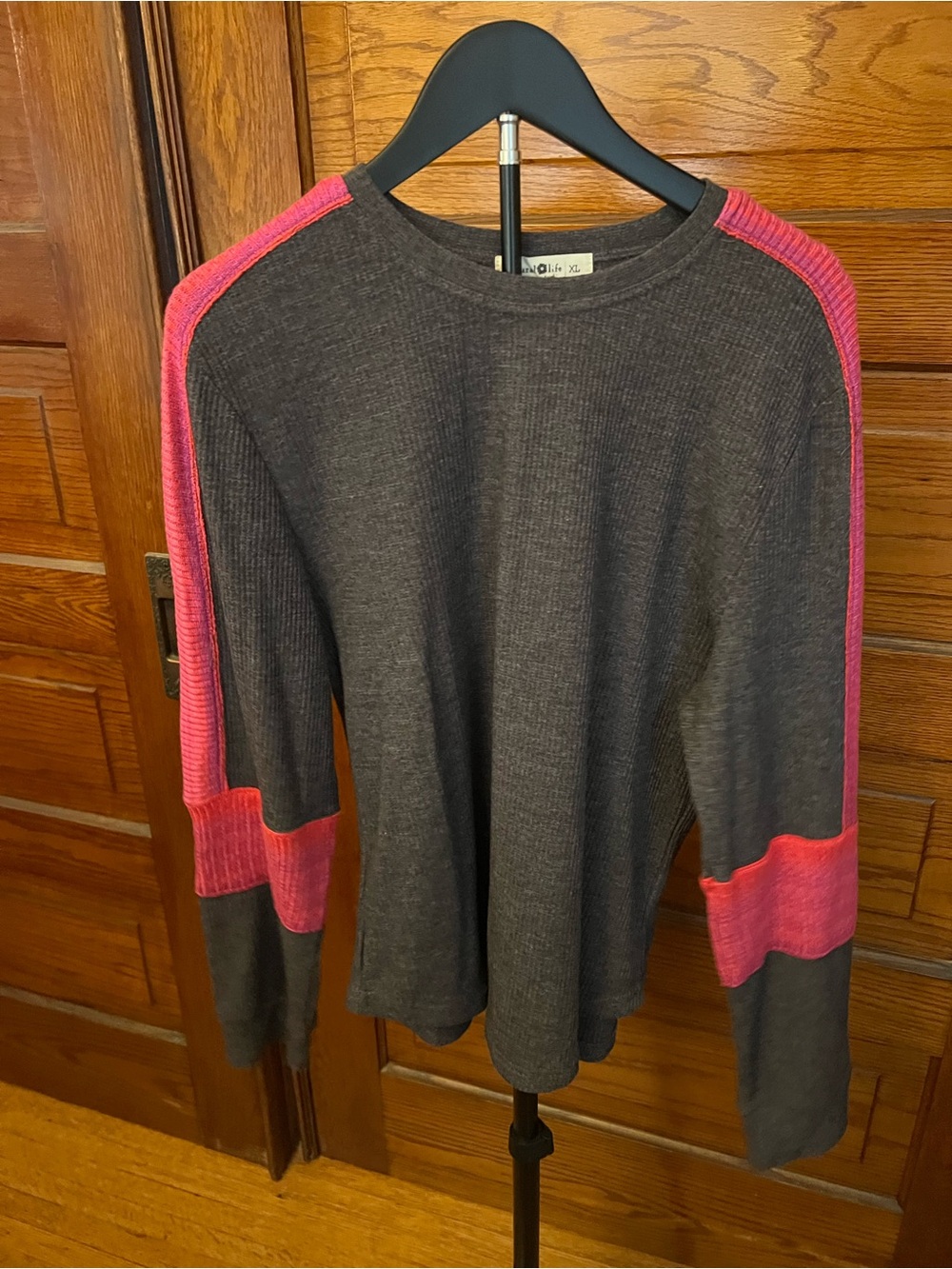 NATURAL LIFE Charcoal Crewneck Sweater with Pink Contrast Sleeves